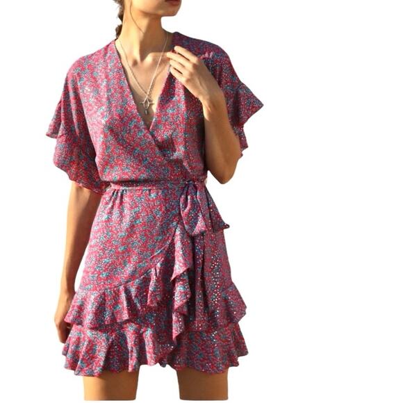 Sabina Musayev Liri Pink Ruffle Mini Dress Metallic Silver Dot Small no belt - Picture 2 of 8